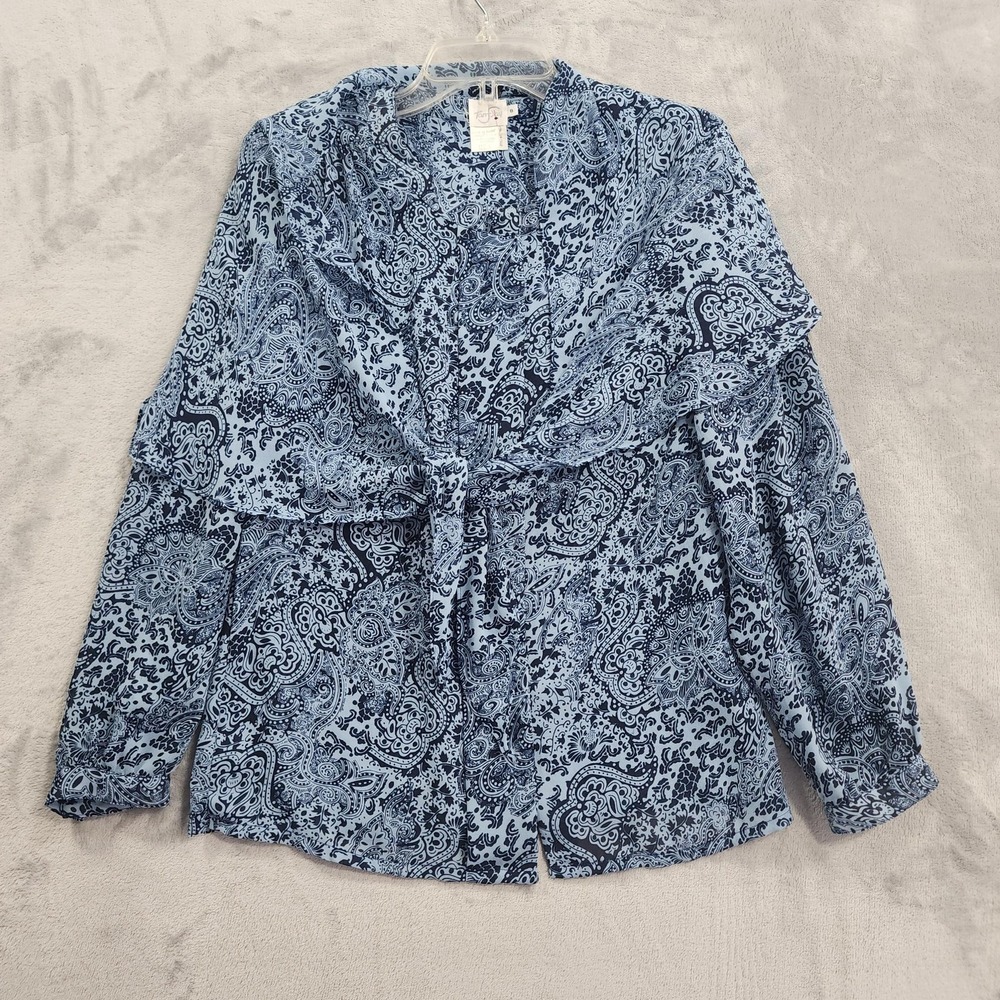Vintage TanJay Shirt Womens 8 Blue Paisley Tie Neck Bow Long Sleeve Chiffon - Picture 3 of 16